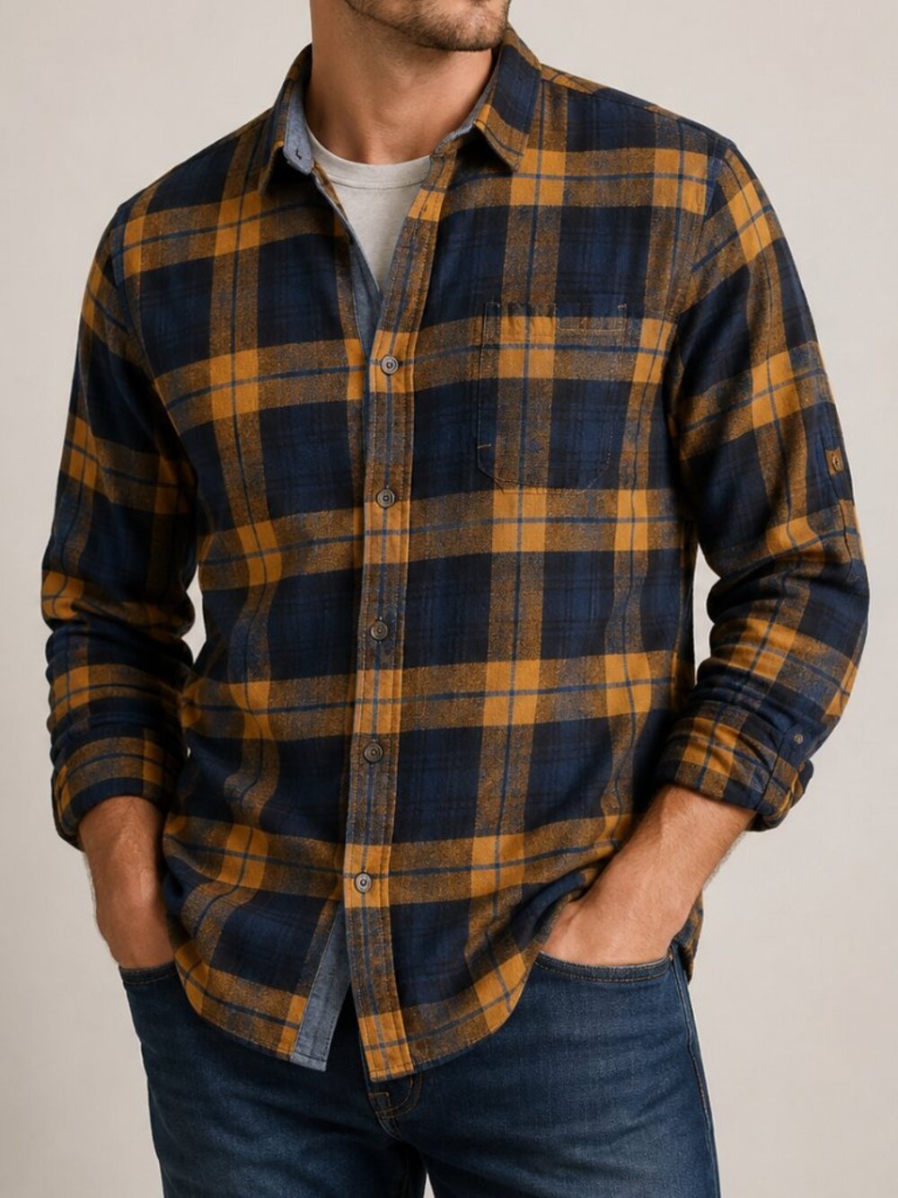 Mens Plaid Flannel Shirt Button Down Collared Shirt Blue Orange Size XL
